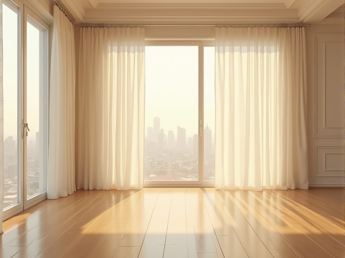 Prompt: Soft warm glow, abundant natural light, floor-to-ceiling windows, sheer curtains, minimal shading devices, bright airy atmosphere, reflective surfaces, polished wooden floors, creamy white walls, elegant interior decor, subtle shadows, realistic textures, ambient occlusion, softbox lighting, high-key tone, 1/1 composition, central perspective, realist style.