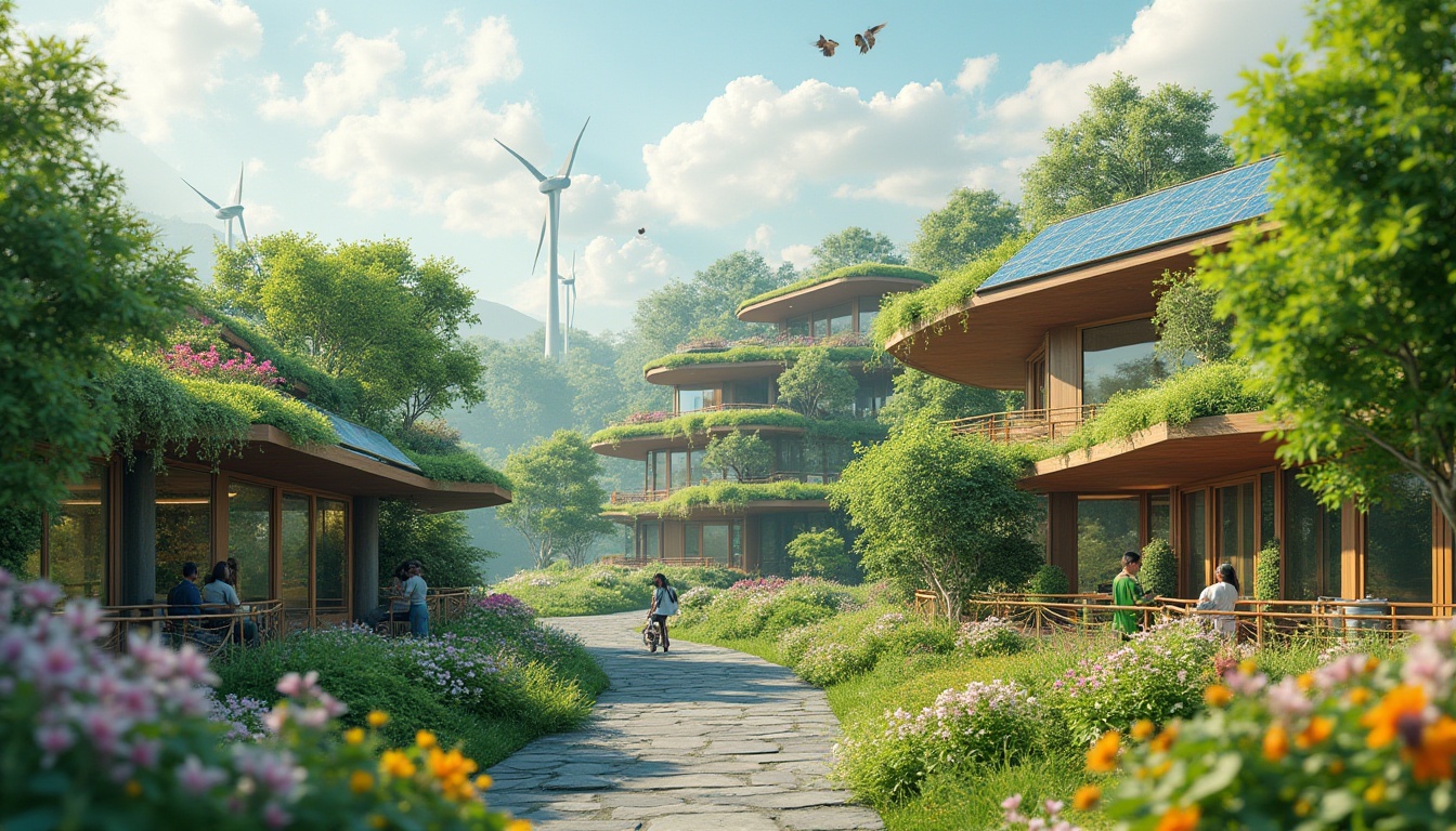 Prompt: Eco-friendly buildings, green roofs, solar panels, wind turbines, rainwater harvesting systems, sustainable materials, natural ventilation systems, energy-efficient designs, organic shapes, earthy tones, lush greenery, blooming flowers, trees, birds, insects, wildlife conservation, serene atmosphere, soft natural lighting, shallow depth of field, 1/1 composition, realistic textures, ambient occlusion.Let me know if this meets your requirements!