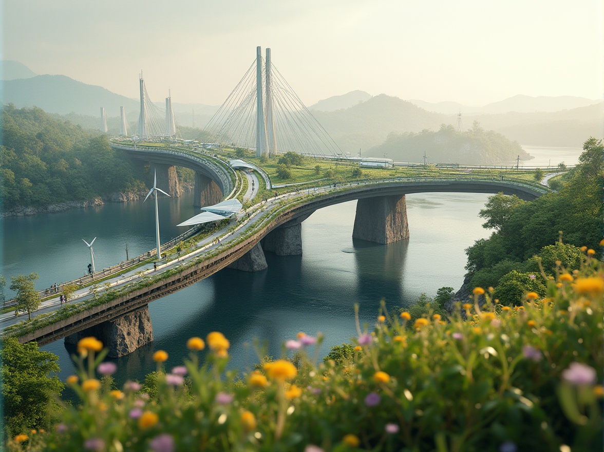 Prompt: Eco-friendly bridge, curved lines, green roofs, solar panels, wind turbines, water conservation systems, recycled materials, natural stone foundations, steel arches, cable-stayed structures, modern minimalist design, shallow depth of field, 3/4 composition, panoramic view, realistic textures, ambient occlusion, serene riverbank, lush vegetation, vibrant flowers, misty morning, soft warm lighting.