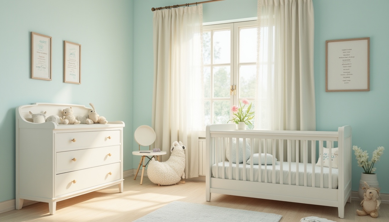 Prompt: Soft baby blue walls, creamy white trim, gentle beige furniture, rounded edges, whimsical illustrations, playful nursery rhyme quotes, delicate lace curtains, warm natural light, shallow depth of field, 1/1 composition, intimate atmosphere, calming ambiance, soothing color scheme, minimalist decor, subtle textures, soft focus, peaceful mood.