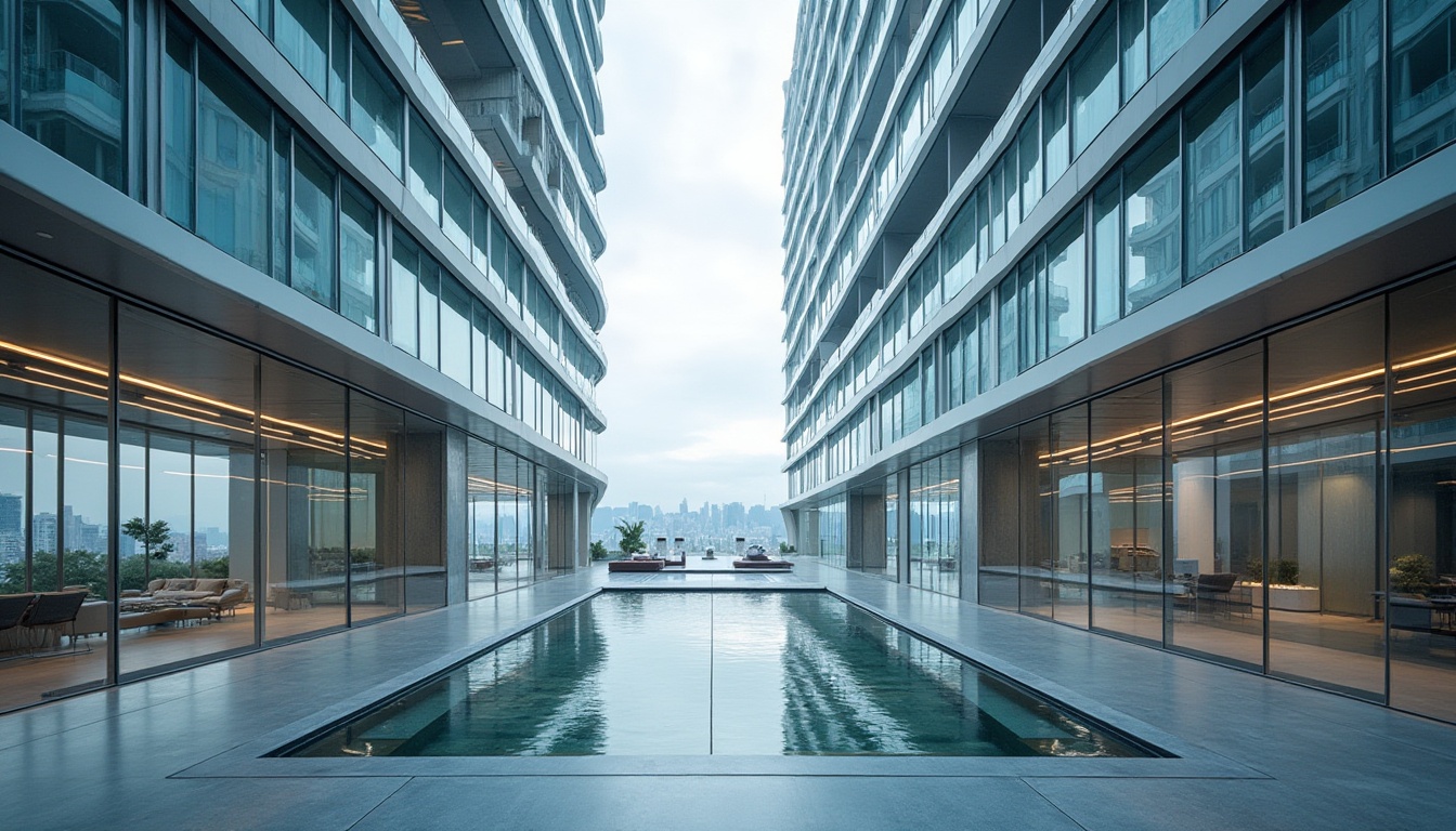 Prompt: Curved glass facade, futuristic skyscraper, modernist architecture, sleek metal frames, cantilevered balconies, LED lighting installations, abstract geometric patterns, minimalist materials, polished concrete floors, floor-to-ceiling windows, angular lines, asymmetrical compositions, urban cityscape, cloudy day, soft natural light, shallow depth of field, 2/3 composition, realistic reflections, ambient occlusion.