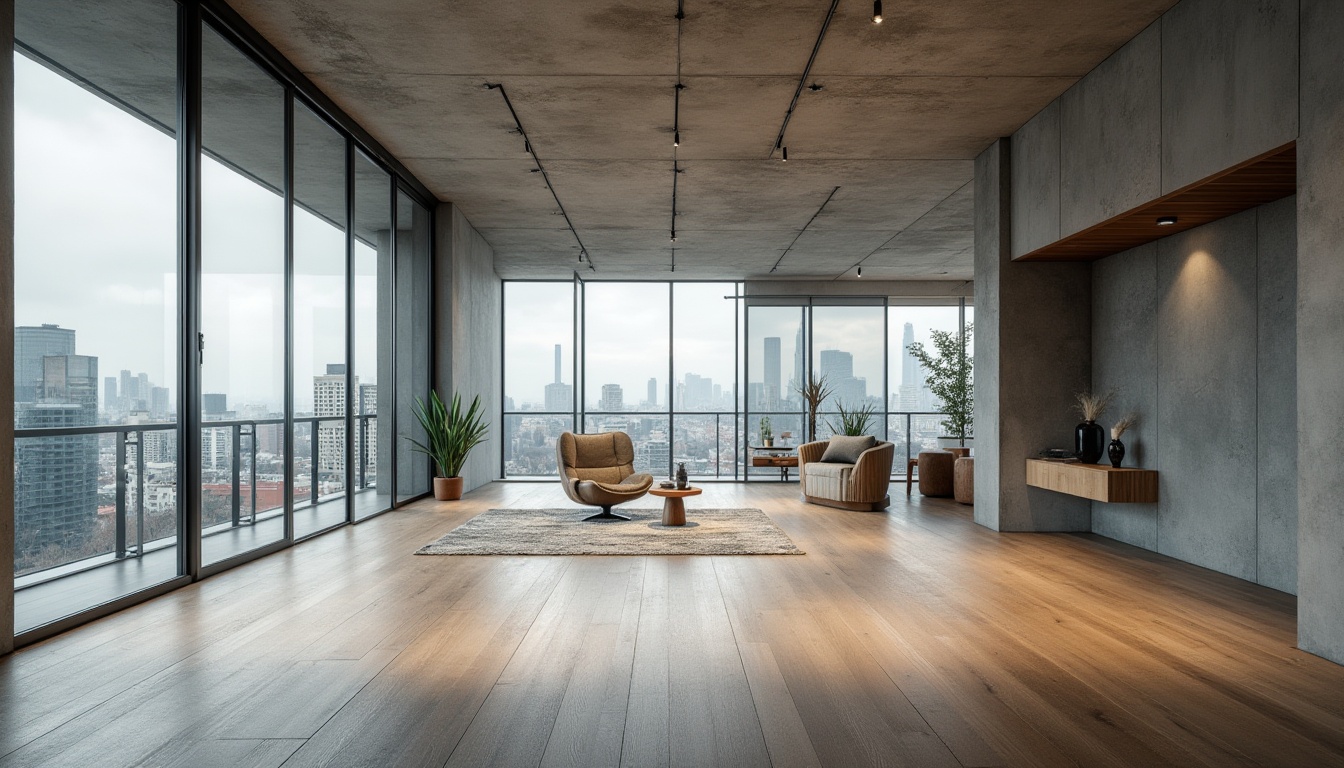 Prompt: Exposed concrete walls, polished metal accents, reclaimed wood flooring, minimalist decor, industrial chic aesthetic, abundant natural light, floor-to-ceiling windows, sliding glass doors, sleek lines, geometric shapes, brutalist structure, urban cityscape, overcast sky, soft diffused lighting, high contrast ratio, 1/2 composition, atmospheric perspective, photorealistic textures, subtle ambient occlusion.