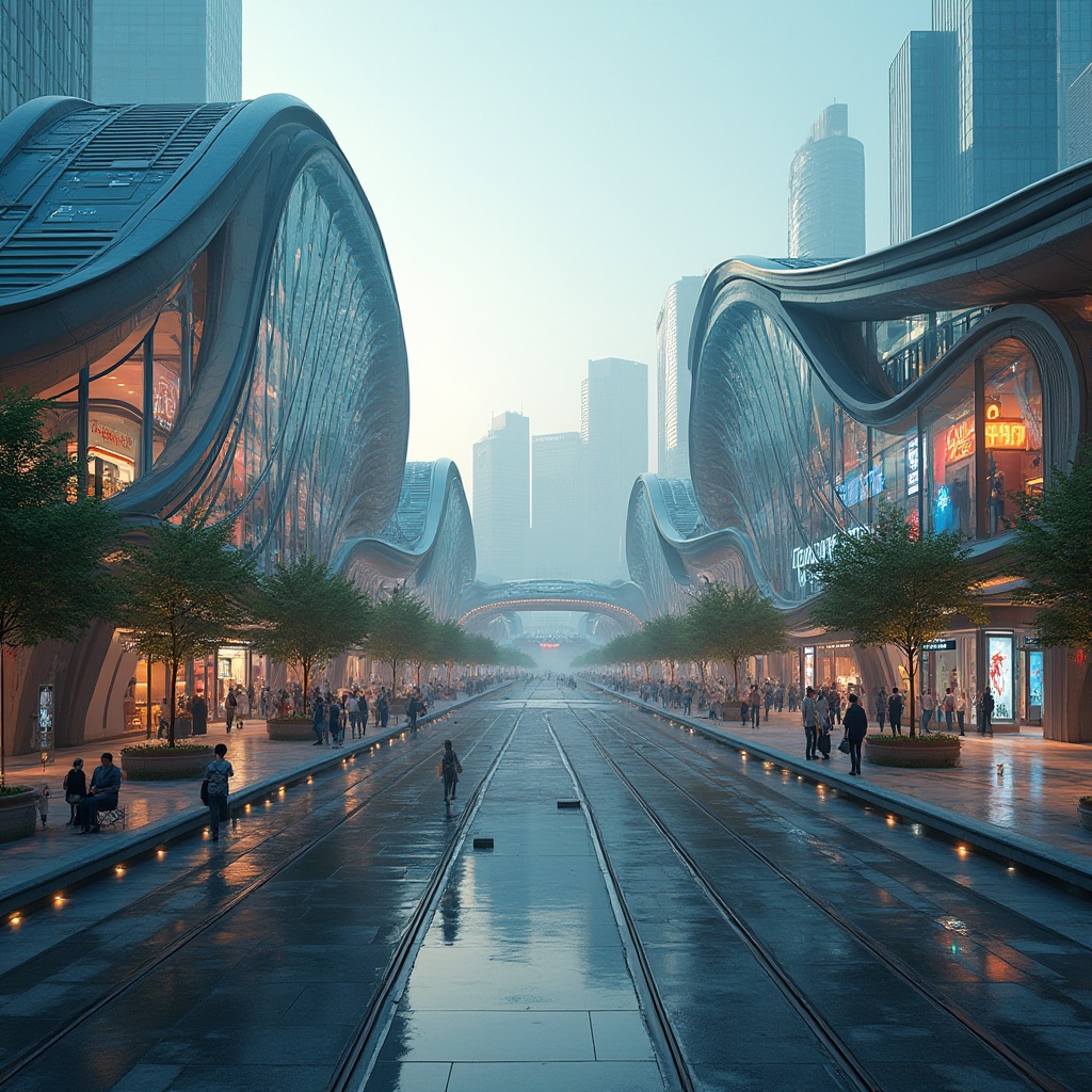 Prompt: Futuristic tram station, curved glass facade, dynamic LED lighting, sleek metal frames, angular rooflines, modern urban architecture, bustling city square, morning commute scene, gentle fog atmosphere, softbox lighting, 1/2 composition, wide-angle lens, realistic reflections, ambient occlusion, green roofs, eco-friendly materials, innovative ventilation systems, shaded outdoor waiting areas, misting systems, geometric patterns, vibrant colorful signage.