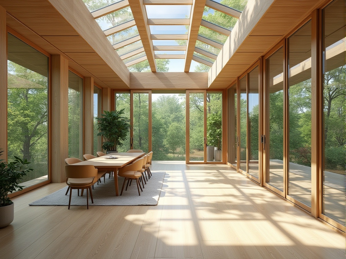 Prompt: Minimalist home office, transparent glass walls, natural wood accents, greenery views, plenty of windows, sliding doors, clerestory windows, skylights, soft warm lighting, indirect sunlight, diffused shadows, 1/1 composition, shallow depth of field, realistic textures, ambient occlusion.