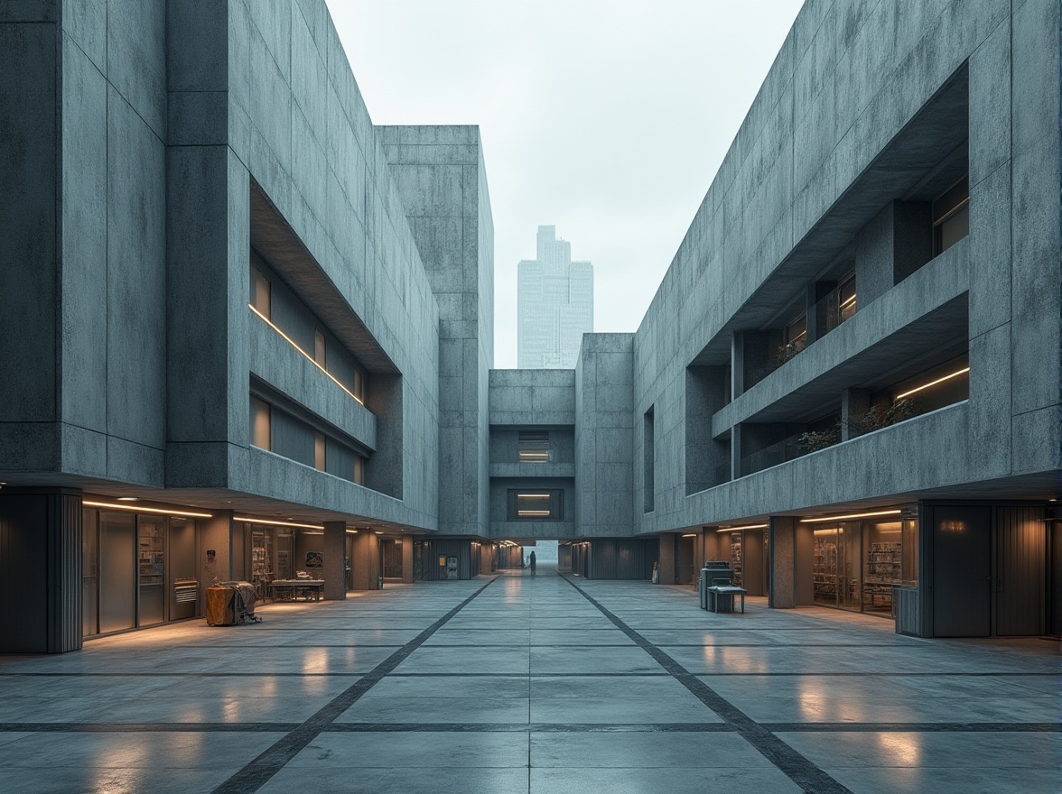 Prompt: Monolithic research center, brutalist architecture, raw concrete fa\u00e7ade, industrial metal cladding, angular geometric forms, futuristic laboratory equipment, sleek minimalistic interiors, exposed ductwork, polished steel accents, urban cityscape backdrop, overcast sky, dramatic spotlighting, high-contrast shadows, 1/1 composition, symmetrical framing, abstract textures, ambient occlusion.