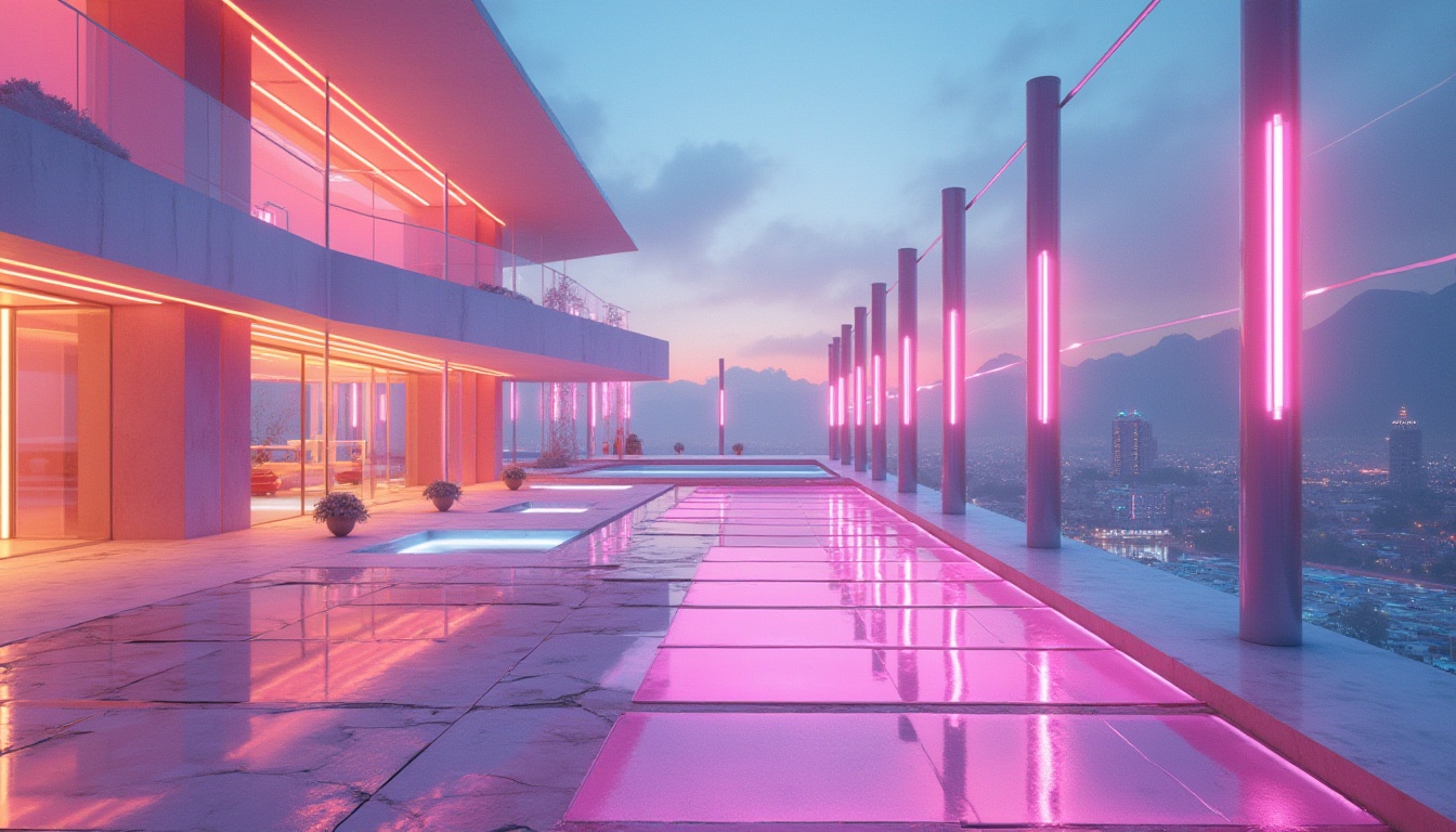 Prompt: Vibrant modern architecture, sleek lines, minimalist design, bold color blocking, pastel hues, neon accents, iridescent finishes, metallic sheen, glossy surfaces, LED light installations, urban cityscape, evening ambiance, soft gradient skies, abstract geometric patterns, futuristic materials, 3D modeling, high-contrast lighting, shallow depth of field, cinematic composition, atmospheric rendering.