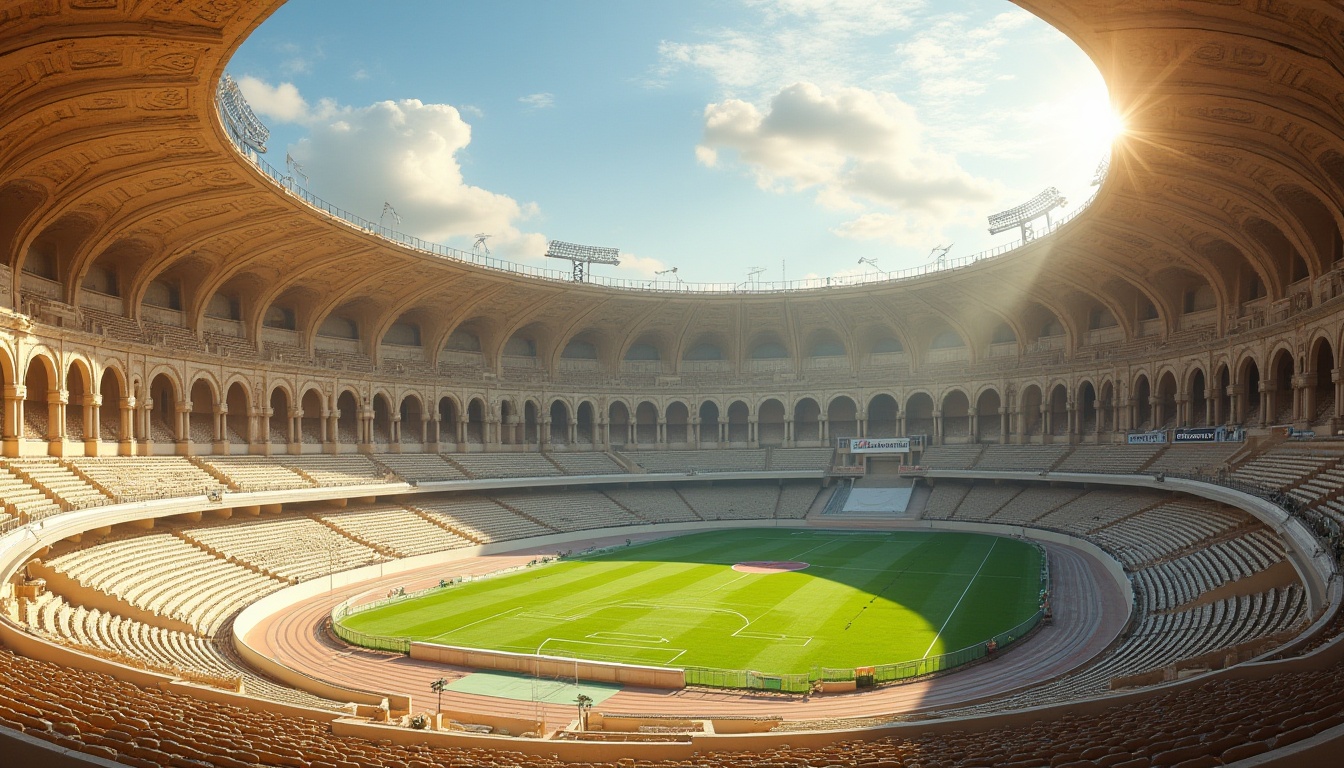 Prompt: Ancient Roman-inspired sports stadium facade, ornate archways, colonnaded entrance, rusticated stone walls, grandiose dome-shaped roofs, vibrant green athletic fields, running tracks, soccer goals, basketball hoops, tennis courts, classical statues, intricate moldings, warm beige stone textures, soft afternoon sunlight, dramatic shadowing, 1/1 composition, symmetrical framing, realistic weathered materials.