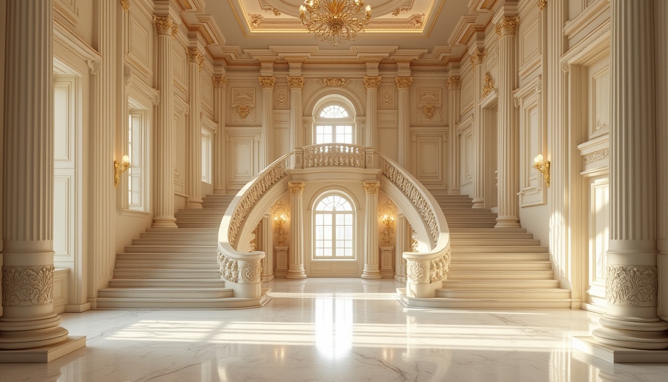 Prompt: Neoclassical architecture, grandiose columns, ornate details, symmetrical facades, marble floors, cream-colored walls, golden accents, rich wood tones, intricate moldings, luxurious chandeliers, sweeping staircases, elegant archways, subtle texture variations, soft warm lighting, shallow depth of field, 2/3 composition, harmonious color palette, muted earthy tones, creamy whites, rich jewel tones, subtle gradient effects.