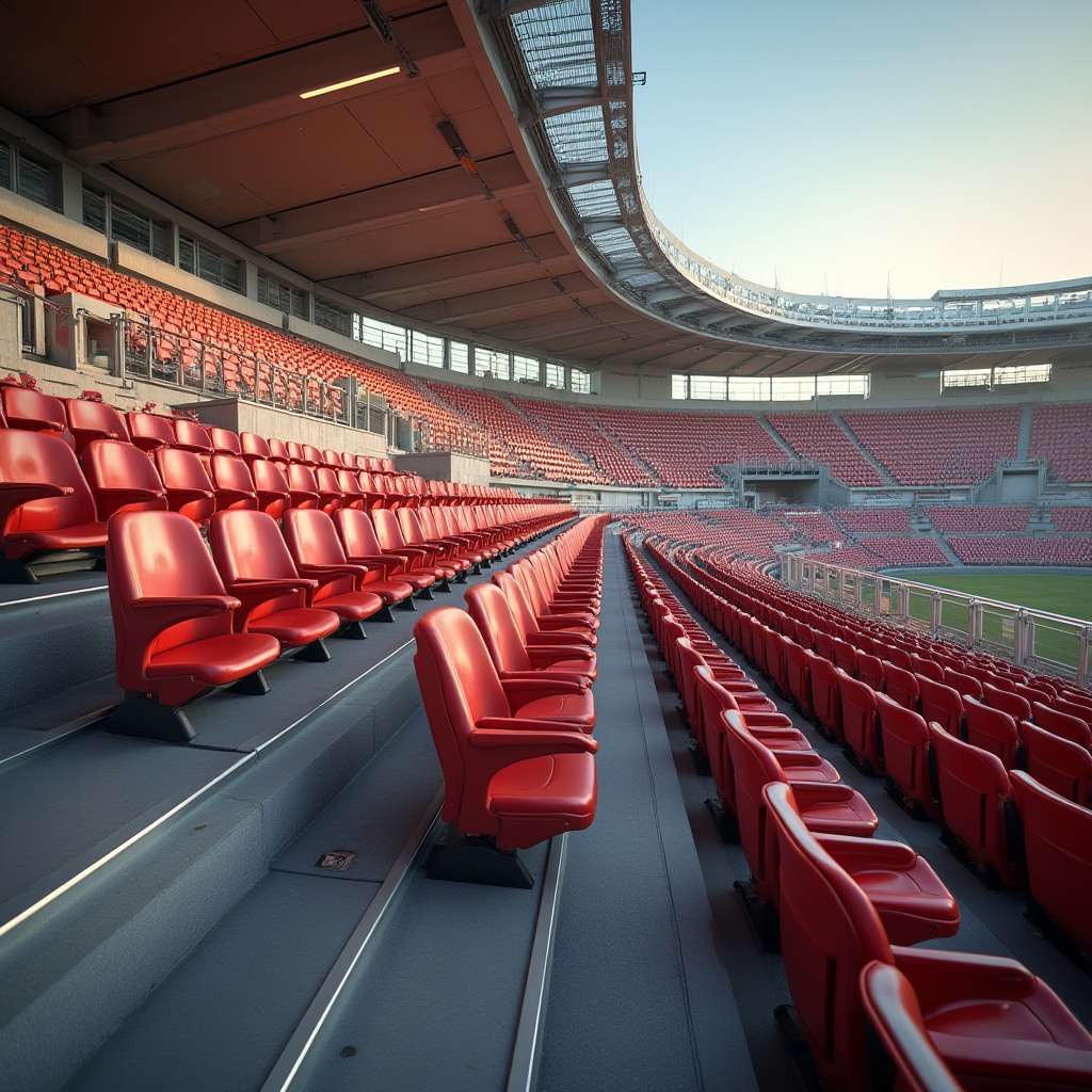 Prompt: \Contemporary stadium design, tiered seating arrangement, plush cushioning, ergonomic chairbacks, ample legroom, vibrant team colors, natural stone flooring, sleek metal railings, clear acrylic barriers, panoramic views, soft warm lighting, shallow depth of field, 1/2 composition, realistic textures, ambient occlusion.\