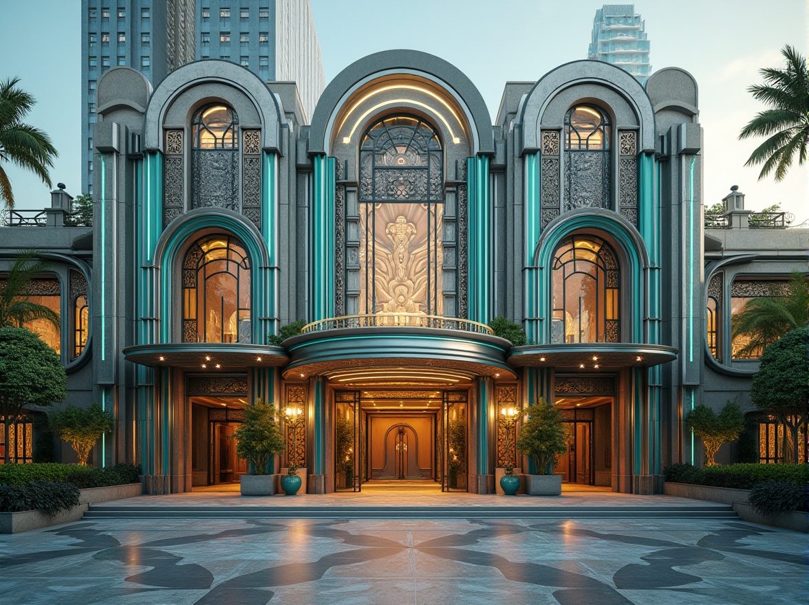 Prompt: Geometric Art Deco facade, ornate metal details, vibrant turquoise accents, sleek glass windows, grand entrance archways, metallic mesh patterns, futuristic LED lighting, luxurious marble floors, intricate stone carvings, ornamental bronze statues, lush green roof gardens, circular observation decks, panoramic city views, soft golden lighting, shallow depth of field, 1/1 composition, realistic reflections, ambient occlusion.