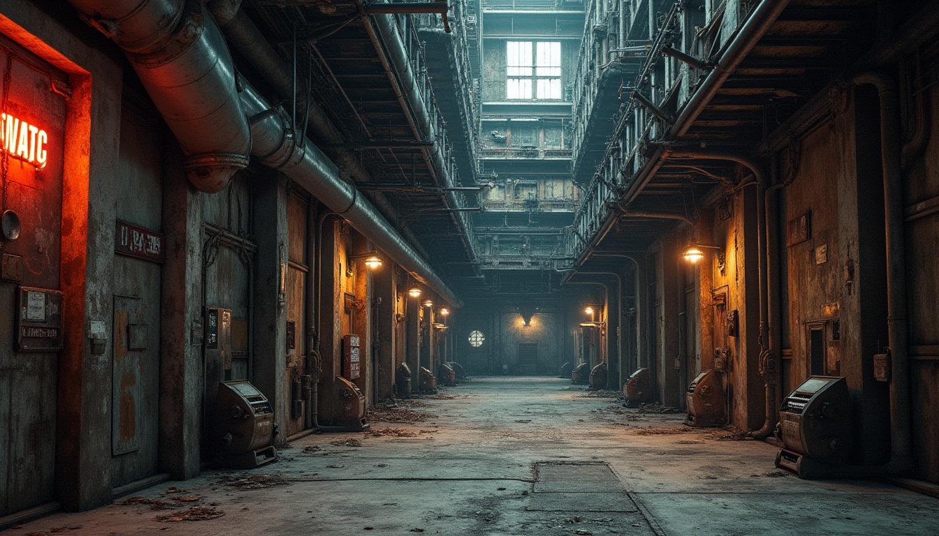 Prompt: Rustic industrial landscape, distressed metal walls, worn concrete floors, exposed pipes, metallic beams, neon-lit signage, retro-futuristic machinery, intricate mechanical details, metallic grills, steel catwalks, old factories, abandoned warehouses, urban decay, overcast skies, dramatic lighting, high contrast ratio, shallow depth of field, 2/3 composition, realistic render, ambient occlusion.