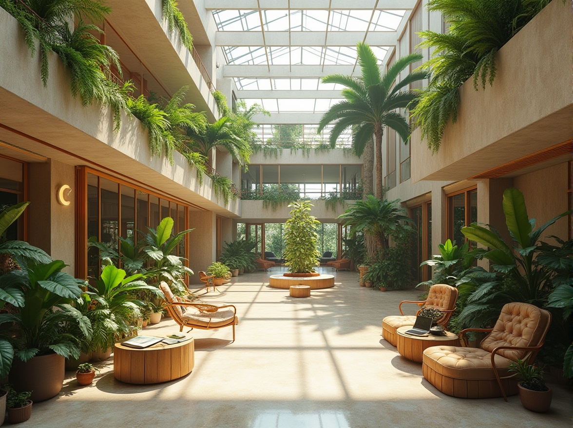 Prompt: Vibrant atrium, abundant natural light, lush greenery, modern interior design, sleek glass roof, minimalist decor, warm beige tones, soft diffused lighting, subtle shadows, comfortable seating areas, rustic wooden accents, earthy textures, serene ambiance, calm atmosphere, 1/1 composition, realistic rendering, ambient occlusion.