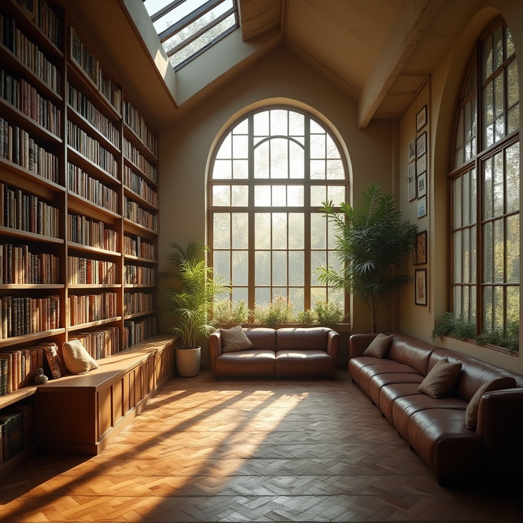 Prompt: Cozy reading nook, abundant natural light, large windows, skylights, clerestory windows, wooden shelves, leather-bound books, comfortable seating areas, warm color palette, soft warm lighting, morning sunlight, peaceful atmosphere, quiet study spaces, minimalist decor, modern architecture, open floor plan, high ceilings, subtle textures, ambient occlusion, realistic reflections.