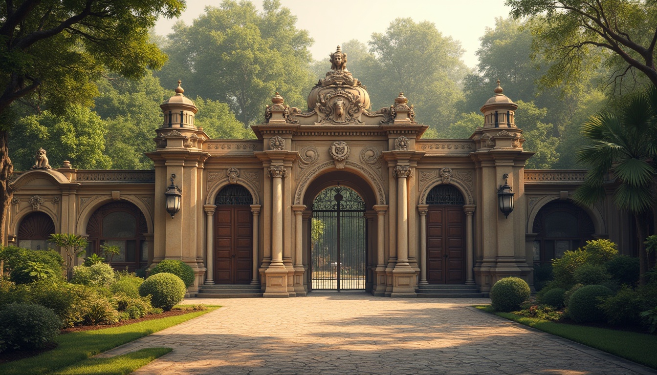 Prompt: Grandiose zoo entrance, ornate gates, majestic stone columns, intricately carved facades, rustic wooden doors, vintage lanterns, lush greenery, exotic animal habitats, naturalistic landscaping, meandering pathways, classical proportions, symmetrical compositions, warm golden lighting, soft misty atmosphere, shallow depth of field, 1/2 composition, realistic textures, ambient occlusion.