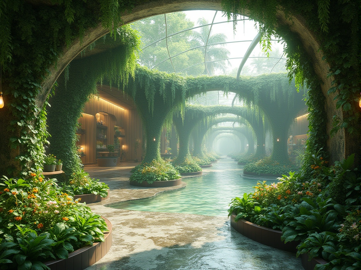 Prompt: Lush green walls, organic curves, futuristic transparent domes, misting systems, hydroponic planters, lush foliage, vibrant flowers, natural stone flooring, reclaimed wood accents, living walls, bio-inspired furniture, soft diffused lighting, 3/4 composition, shallow depth of field, panoramic view, realistic textures, ambient occlusion, atmospheric fog effects, eerie silence, futuristic ambiance.