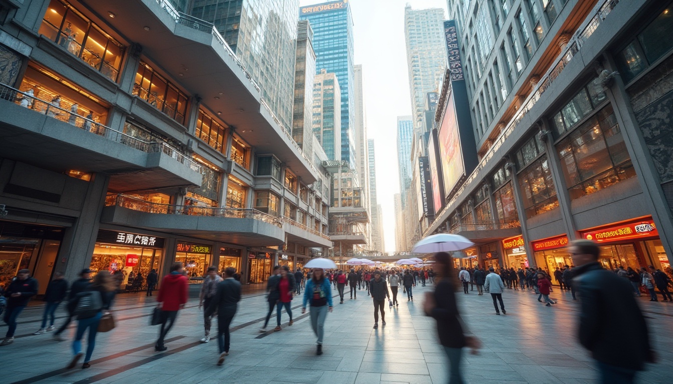 Prompt: Dynamic urban plaza, pedestrian flow, kinetic energy, angular building forms, cantilevered structures, suspended walkways, rhythmic lighting patterns, vibrant street art, bustling city life, daytime activity, soft shadows, 1/1 composition, symmetrical axis, dynamic camera movements, blurred motion effects, abstract textures, ambient soundscape.