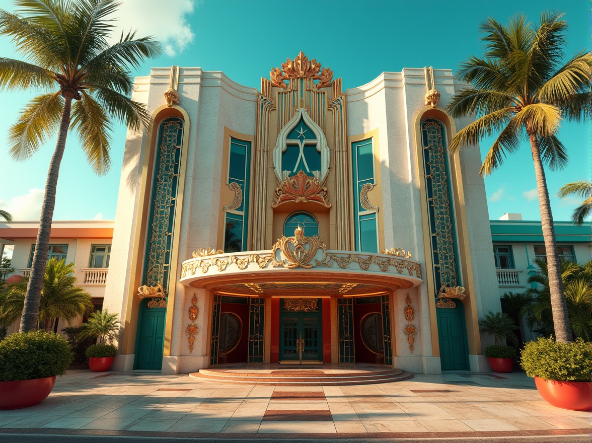 Prompt: Luxurious Art Deco building, metallic accents, geometric patterns, ornate decorations, bold black lines, vibrant turquoise, rich gold, opulent crimson, sophisticated beige, lavish marble, glossy chrome, sun-kissed Miami Beach, tropical palm trees, warm sunny day, dramatic high-contrast lighting, 1/2 composition, cinematic perspective, highly detailed textures, realistic reflections.