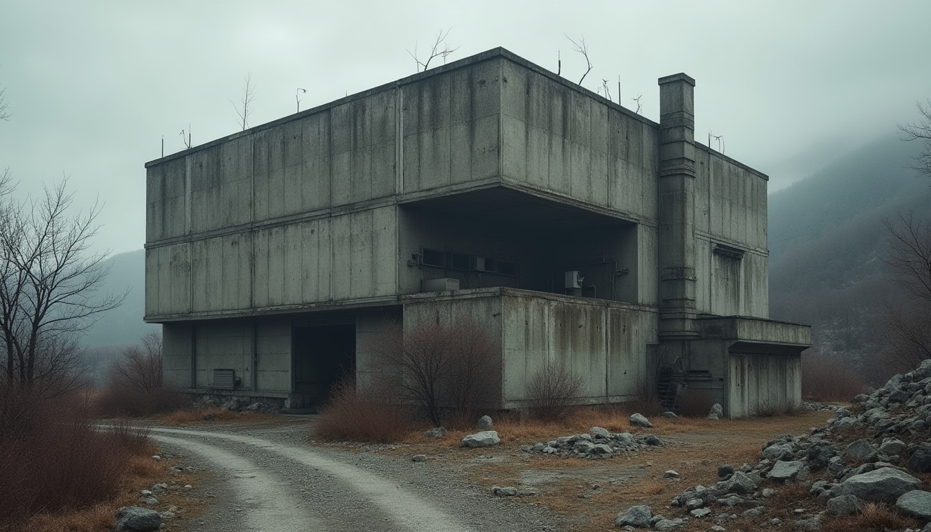 Prompt: Gritty brutalist building, raw concrete textures, industrial metal accents, weathered stone walls, rugged urban landscape, overcast skies, dramatic shadows, bold geometric forms, monochromatic color scheme, muted earth tones, distressed wood elements, exposed ductwork, functional minimalism, cold atmospheric lighting, high-contrast photography, cinematic composition, stark silhouette, brutalist typography.