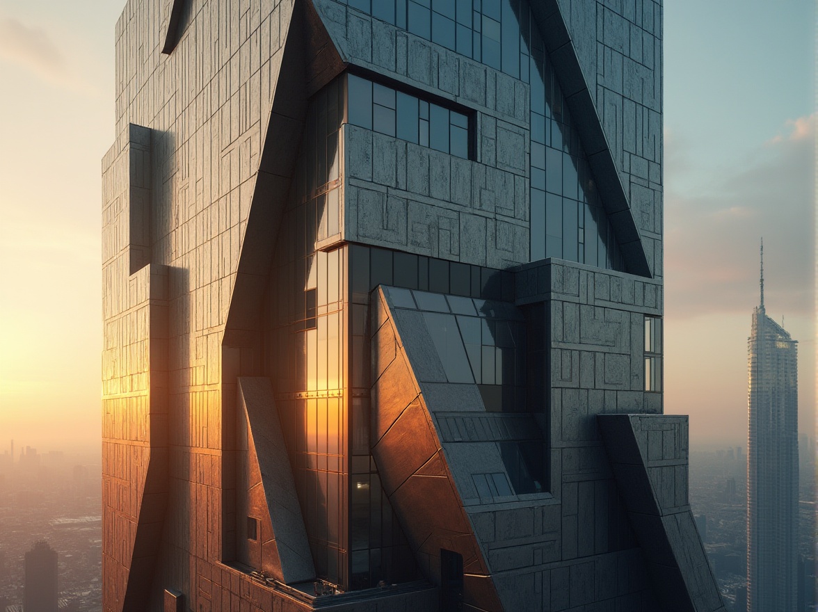 Prompt: Geometric skyscraper, abstract constructivist facade, fragmented shapes, bold color blocking, irregular patterns, metallic materials, reflective glass surfaces, diagonal lines, asymmetrical composition, futuristic urban landscape, cityscape at dusk, warm golden lighting, shallow depth of field, 1/2 composition, dramatic shadows, high-contrast textures, atmospheric mist.