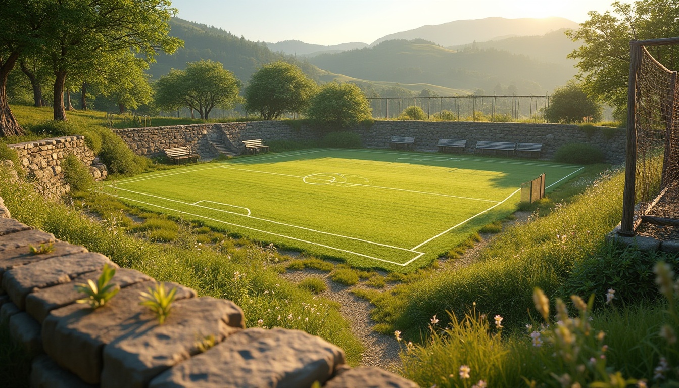 Prompt: Rustic sports field, natural stone walls, weathered wood benches, vintage metal fences, lush green grass, vibrant wildflowers, rolling hills, sunny afternoon, warm golden lighting, shallow depth of field, 1/1 composition, symmetrical framing, realistic textures, ambient occlusion, earthy color palette, rough-hewn stone pathways, distressed wooden goalposts, antique bronze fixtures, woven wicker fences, natural fiber nets.