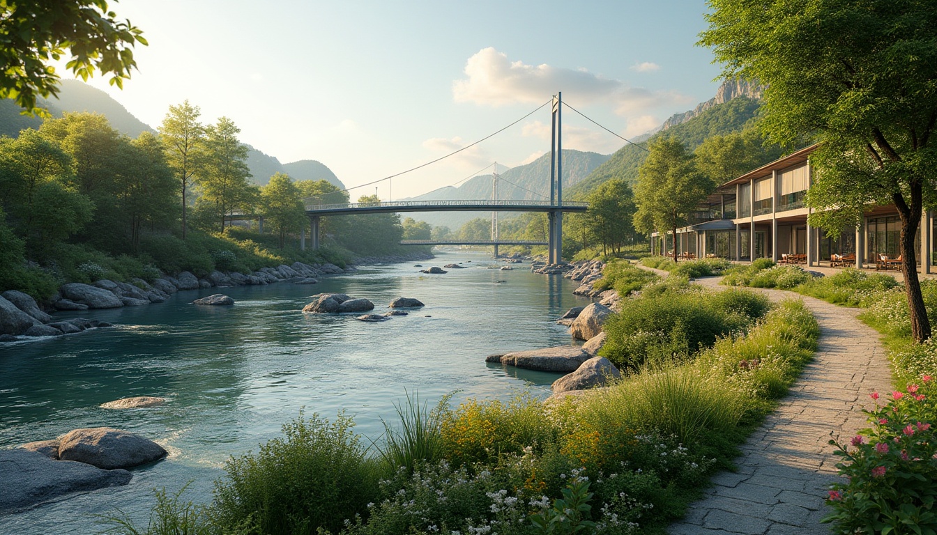 Prompt: \Scenic riverbank, lush green vegetation, majestic bridge structure, gentle water flow, natural stone piers, modern architectural design, sleek steel beams, suspended pedestrian walkways, integrated landscaping, vibrant floral displays, soft warm lighting, shallow depth of field, 3/4 composition, panoramic view, realistic textures, ambient occlusion.\