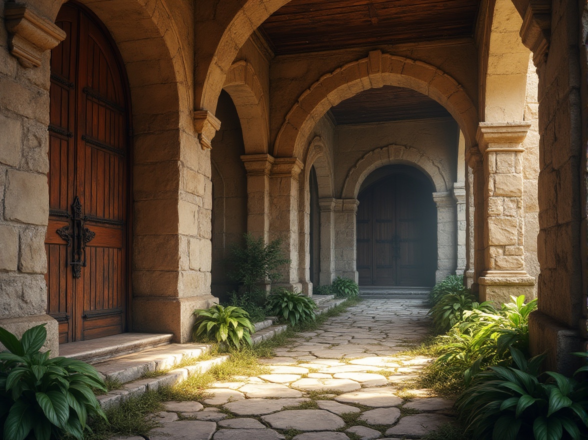 Prompt: Rustic stone walls, ornate carvings, grand archways, vaulted ceilings, intricate columns, ornamental capitals, weathered bronze doors, heavy iron hinges, rustic wooden accents, distressed finishes, warm earthy tones, soft diffused lighting, shallow depth of field, 2/3 composition, realistic textures, ambient occlusion, ancient ruin atmosphere, overgrown vegetation, moss-covered stones, worn stone pathways.