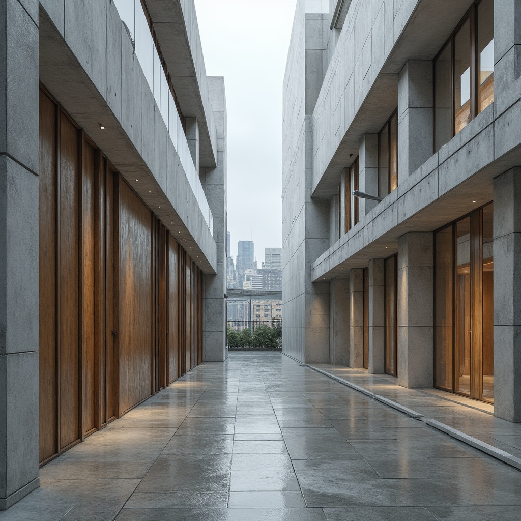 Prompt: Exposed concrete walls, polished metal accents, reclaimed wood textures, large glass facades, minimalist ornamentation, brutalist-inspired structures, industrial-chic aesthetics, urban cityscape backdrop, overcast skies, soft diffused lighting, shallow depth of field, 3/4 composition, panoramic view, realistic materials, ambient occlusion.