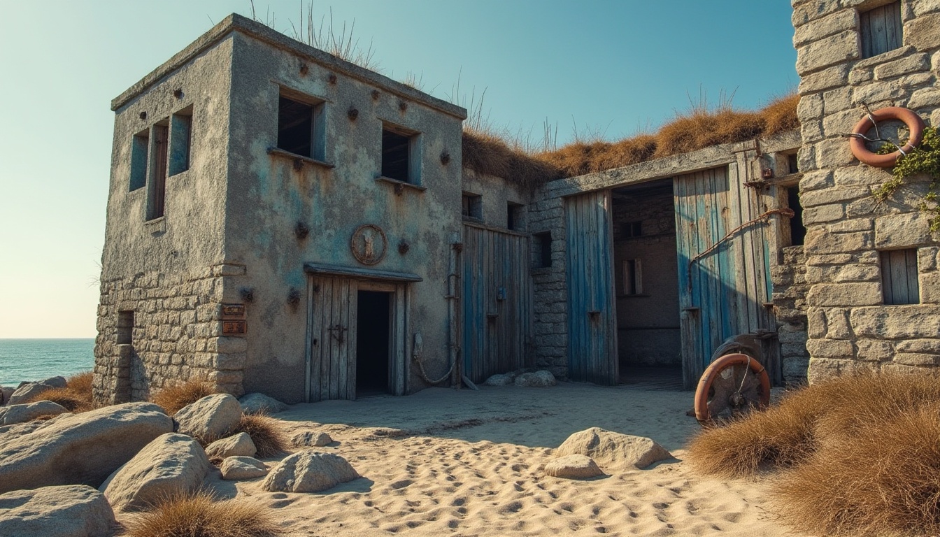 Prompt: Weathered naval fort, sandy dunes, rugged coastline, navy blue accents, sandstone walls, distressed wooden planks, rusty metal fixtures, vintage nautical instruments, faded life rings, worn rope textures, warm sunny day, soft natural lighting, shallow depth of field, 1/2 composition, realistic weathering effects, ambient occlusion.