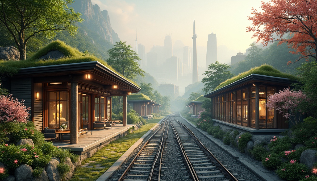 Prompt: \Scenic train station, lush green roofs, blooming flowers, natural stone walls, wooden beams, modern architecture, large glass windows, sliding doors, vibrant urban landscape, busy streets, city skyline, misty morning, soft warm lighting, shallow depth of field, 3/4 composition, panoramic view, realistic textures, ambient occlusion.\