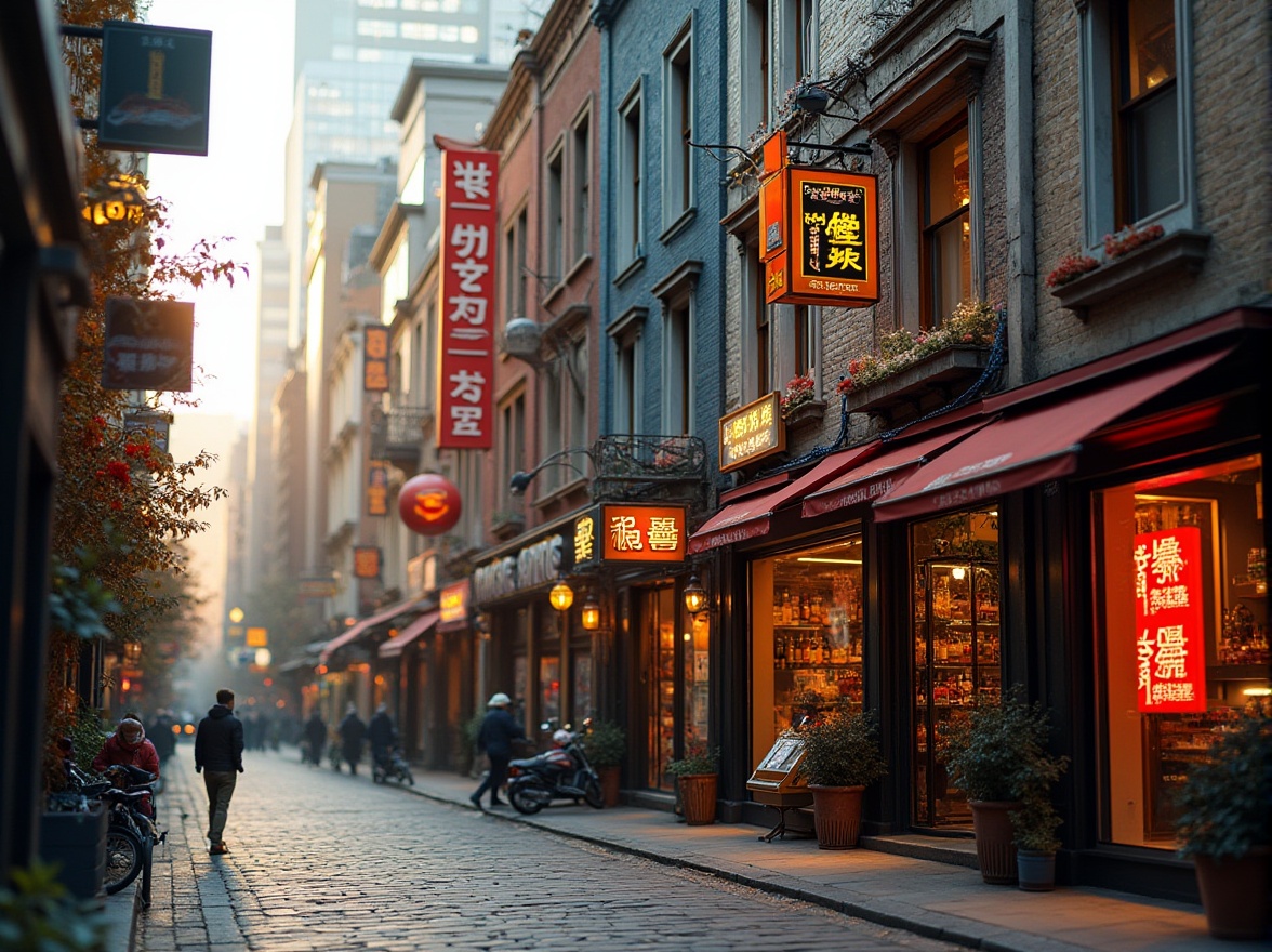 Prompt: Vibrant commercial street, eclectic store facades, fusion of modern and traditional architecture, bold signage, large glass windows, metal frames, sleek LED lighting, urban landscape, bustling city atmosphere, shallow depth of field, 1/2 composition, warm golden hour lighting, realistic textures, ambient occlusion.