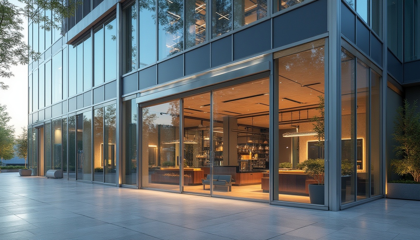 Prompt: Modern commercial building, sleek glass facade, silver metallic frames, LED signage, automatic sliding doors, energy-efficient systems, minimalist interior design, polished concrete floors, exposed ceilings, industrial-chic lighting fixtures, urban cityscape, morning sunlight, shallow depth of field, 1/2 composition, symmetrical balance, realistic reflections, ambient occlusion.