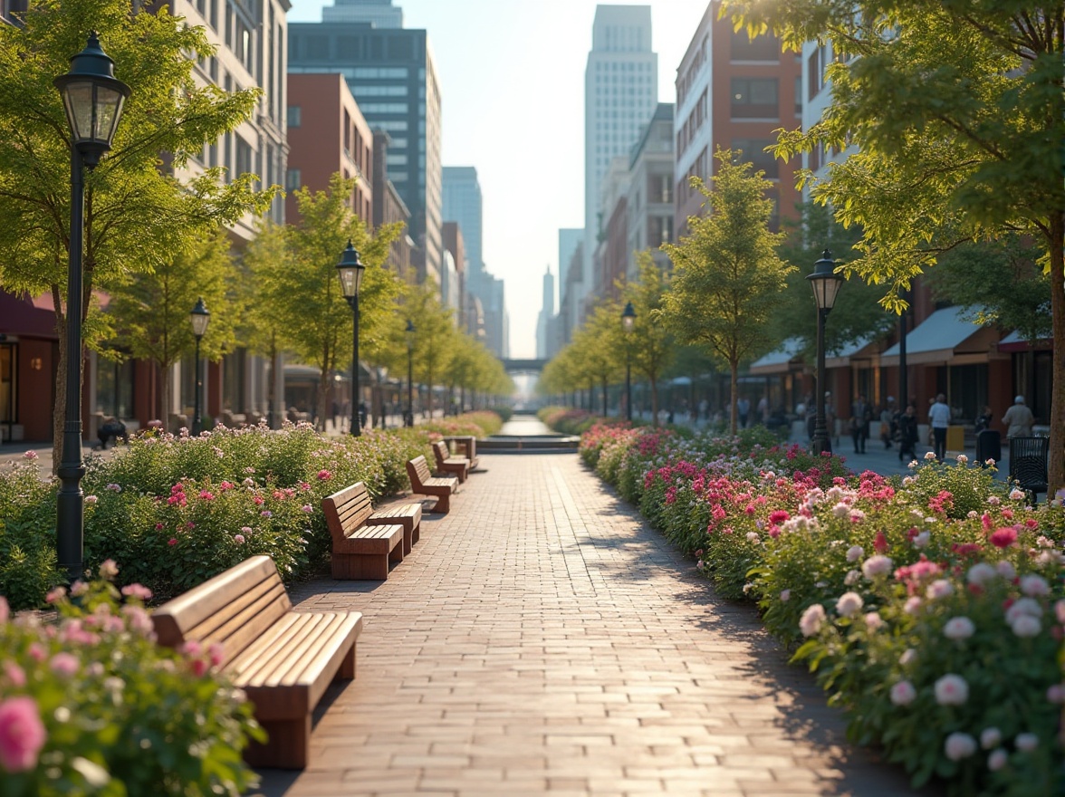 Prompt: Vibrant city square, pedestrian-friendly pathways, lush greenery, blooming flowers, modern street furniture, dynamic water features, interactive public art, eclectic urban architecture, bustling atmosphere, warm sunny day, soft natural lighting, shallow depth of field, 3/4 composition, panoramic view, realistic textures, ambient occlusion.