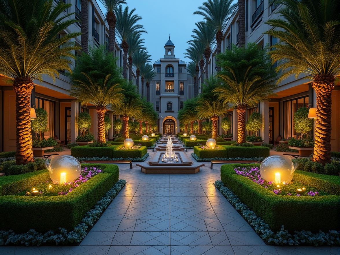 Prompt: Geometric gardens, lush greenery, ornate fountains, symmetrical pathways, vibrant flower beds, decorative sculptures, metallic accents, sleek benches, bold color schemes, angular hedges, exotic palm trees, Mediterranean-inspired planters, modern outdoor lighting, dramatic nighttime illumination, shallow depth of field, 1/1 composition, wide-angle lens, high-contrast rendering, intricate textures, ambient occlusion.