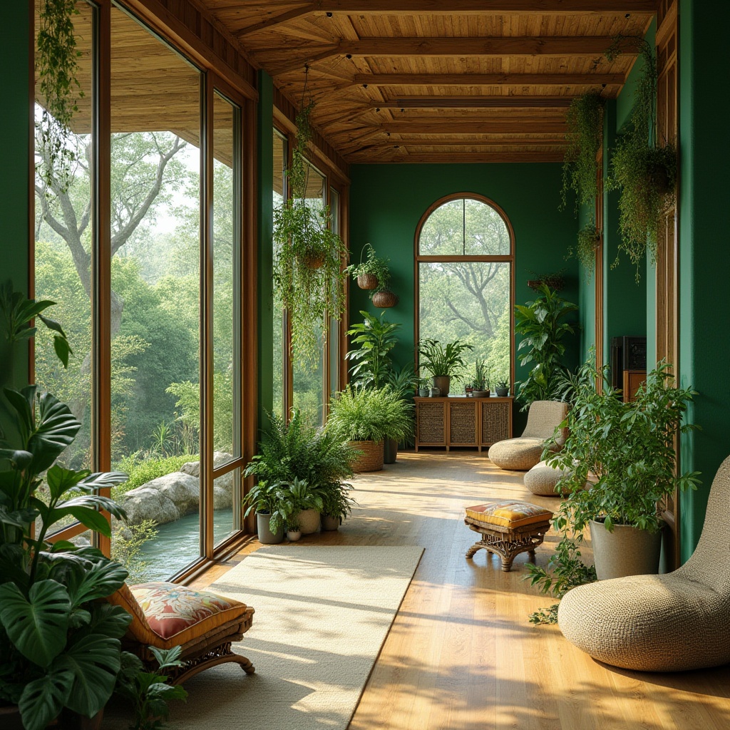 Prompt: Vibrant green walls, living plants, natural light, wooden accents, organic shapes, earthy colors, minimalist decor, large windows, sliding glass doors, outdoor terraces, scenic views, water features, small ponds, lush gardens, botanical prints, woven textiles, reclaimed wood furniture, eco-friendly materials, sustainable systems, soft warm lighting, shallow depth of field, 3/4 composition, panoramic view, realistic textures, ambient occlusion.