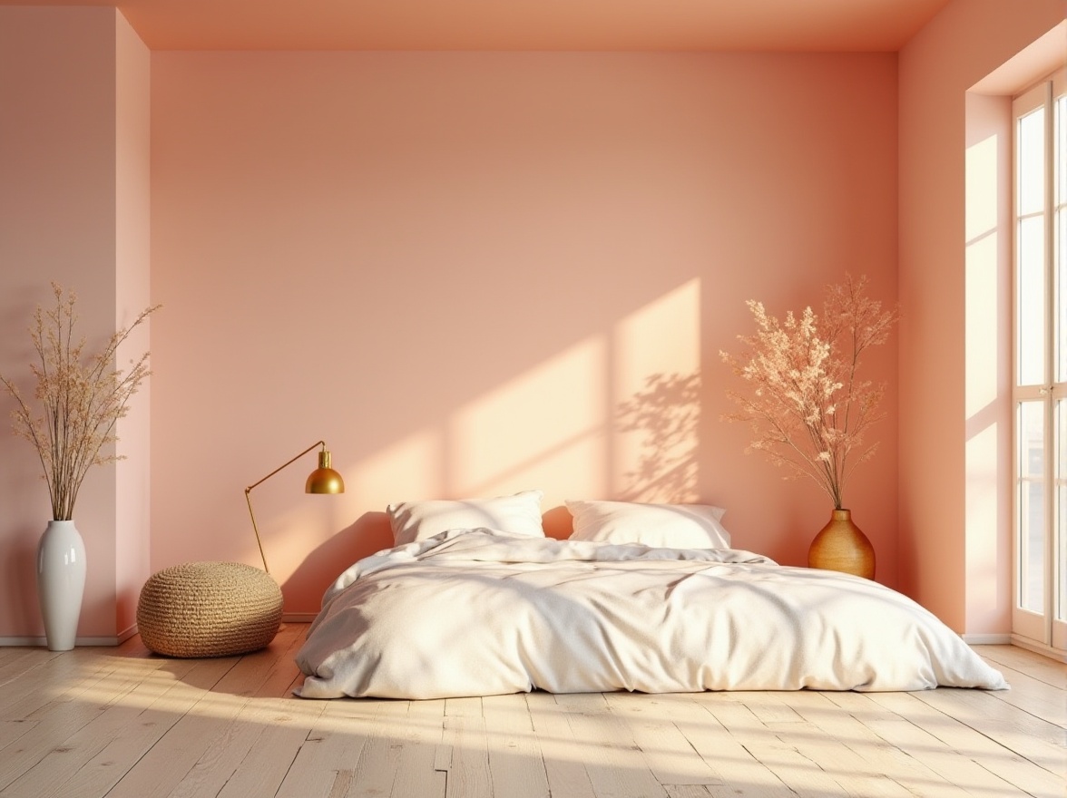 Prompt: Vibrant color scheme, pastel hues, soft peach tones, creamy whites, rich wood accents, metallic gold details, natural textures, earthy undertones, calming atmosphere, warm inviting ambiance, minimalist design, Scandinavian-inspired aesthetic, monochromatic approach, analogous color harmony, bold accent walls, subtle gradient effects, luminous lighting, shallow depth of field, 1/1 composition, realistic rendering.