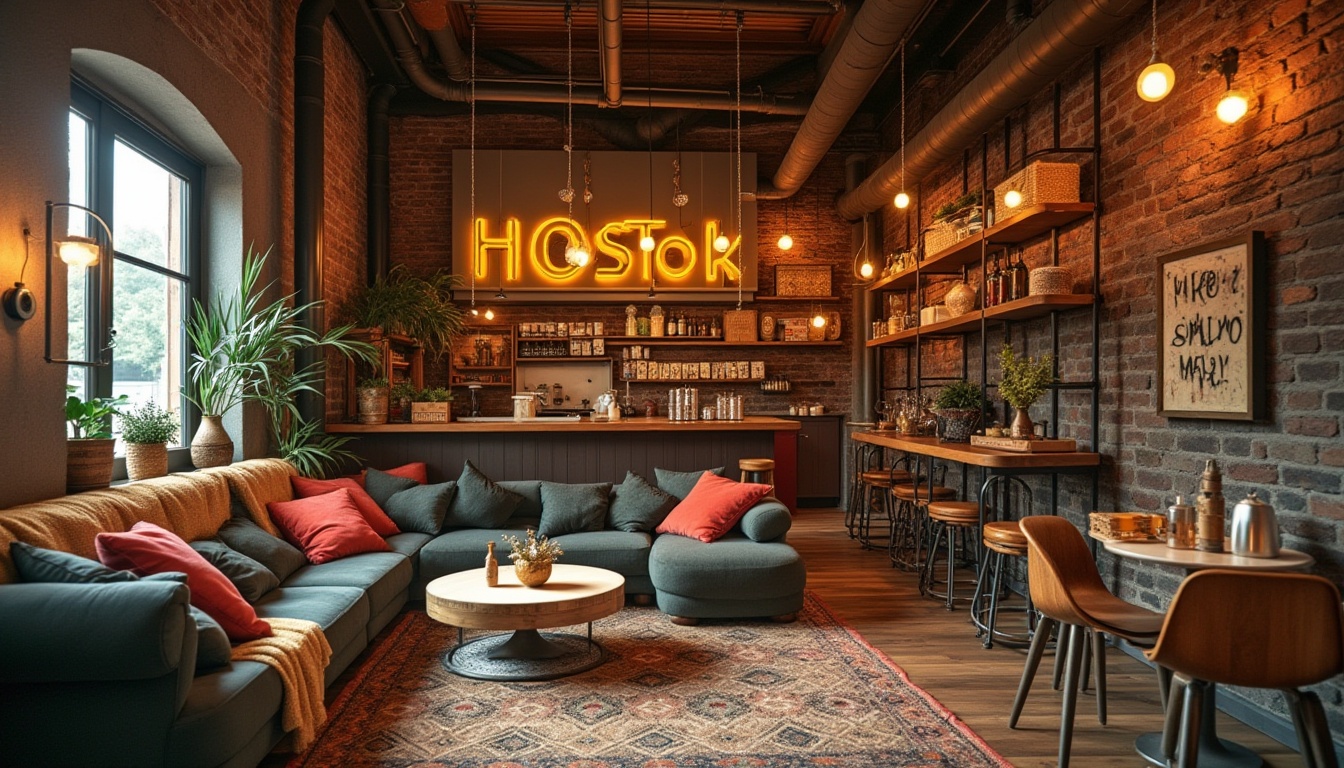 Prompt: Vibrant hostel interior, eclectic mix of vintage furniture, industrial pipes, exposed brick walls, cozy communal lounge, plush throw pillows, rich wood accents, warm golden lighting, bold typography, urban-chic aesthetic, Instagram-worthy corners, rustic wooden crates, woven baskets, distressed metal signs, earthy tone color scheme, natural textures, bohemian-inspired patterns, lively atmosphere, social hub, communal kitchen, modern amenities, boutique hostel experience, youthful energy, relaxed ambiance, warm inviting colors.