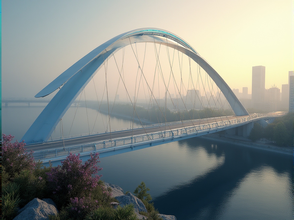 Prompt: \Sleek modern bridge, metallic silver beams, subtle blue accents, warm golden lighting, urban cityscape, misty morning fog, dramatic arches, suspension cables, concrete piers, riverbank vegetation, vibrant purple flowers, steel railings, futuristic architecture, angular lines, geometric shapes, atmospheric perspective, soft focus, 1/1 composition, realistic materials, ambient occlusion.\