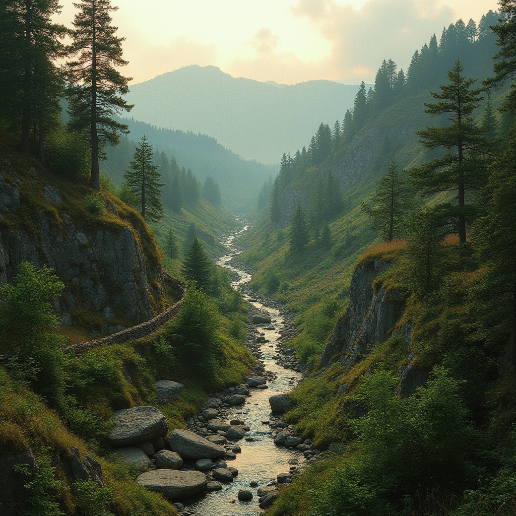 Prompt: Sweeping hills, lush green forests, meandering streams, rustic stone walls, weathered wood accents, earthy color palette, natural rock formations, winding pathways, serene ambiance, warm golden lighting, soft focus, 1/2 composition, intimate atmosphere, organic textures, subtle shading.