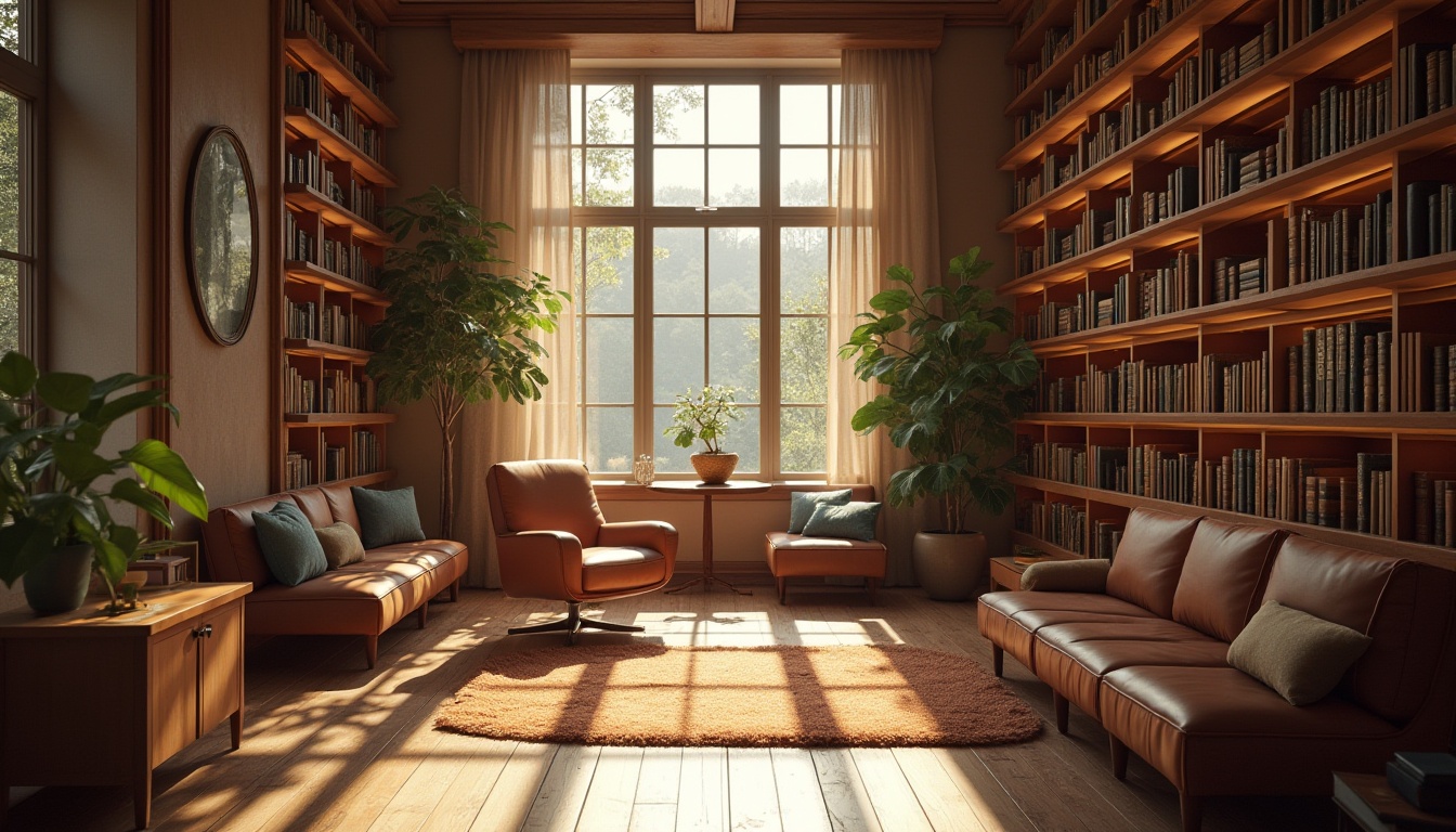 Prompt: Cozy library interior, warm natural lighting, floor-to-ceiling windows, wooden shelves, leather-bound books, comfortable reading nooks, soft cushions, earthy color palette, minimal decor, subtle textures, realistic shadows, warm afternoon sunbeams, gentle diffused light, shallow depth of field, 1/1 composition, inviting atmosphere.