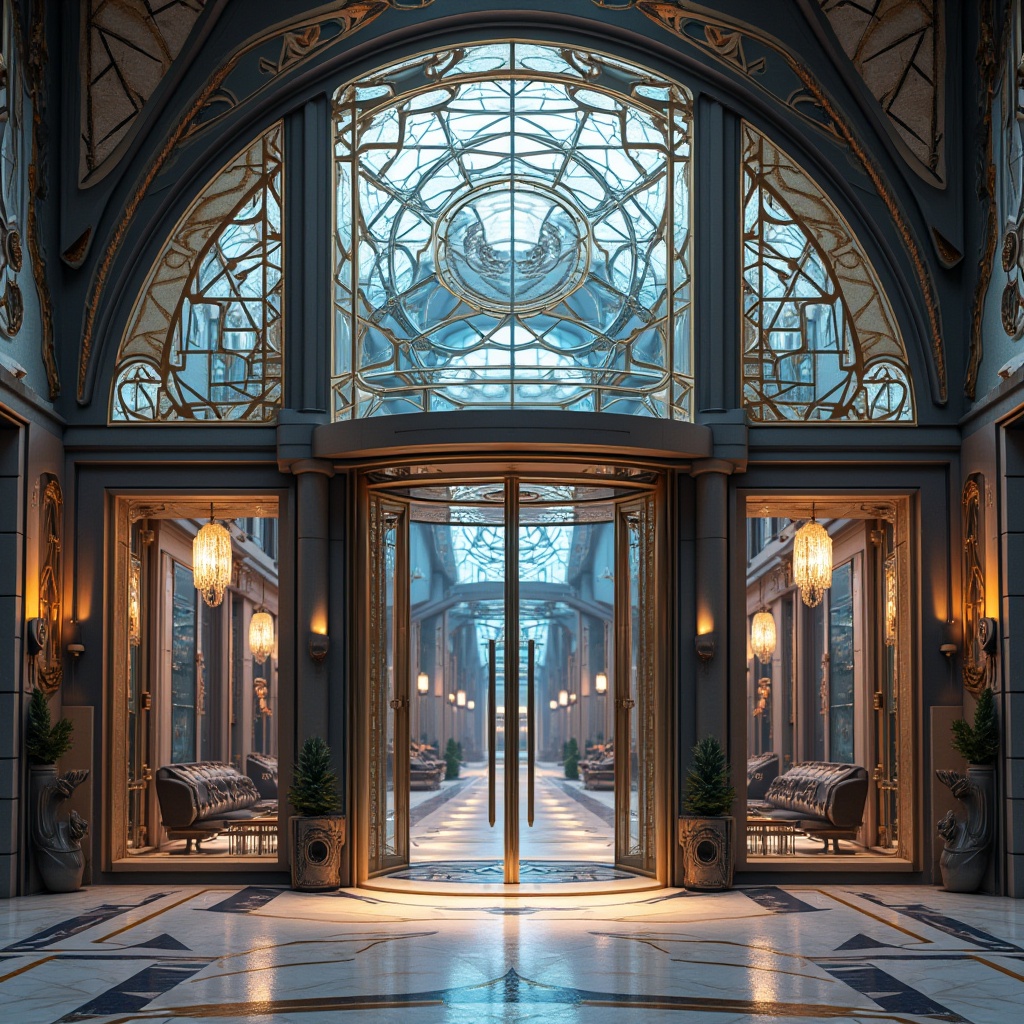 Prompt: Geometric Art Deco fa\u00e7ade, metallic accents, ornate decorations, curved lines, zigzag patterns, luxurious materials, glass blocks, futuristic sci-fi elements, neon lights, vibrant colors, 3D modeling, angular shapes, intricate details, ornamental railings, grand entrance, revolving doors, high ceilings, marble floors, sleek laboratory equipment, futuristic scientific instruments, celestial-inspired chandeliers, atmospheric misting systems, cinematic lighting, shallow depth of field, symmetrical composition.