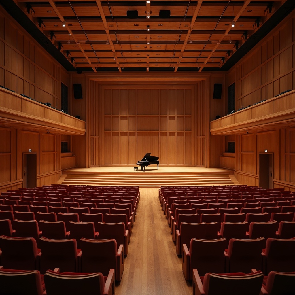 Prompt: Luxurious concert hall, wooden paneling, sound-absorbing materials, curved lines, optimal seating arrangement, elevated stage, professional lighting systems, grand piano, acoustic instruments, detailed wood carvings, plush velvet seats, richly toned wood flooring, sophisticated ambiance, warm intimate atmosphere, precise sound reflections, 1/1 composition, softbox lighting, realistic textures, ambient occlusion.