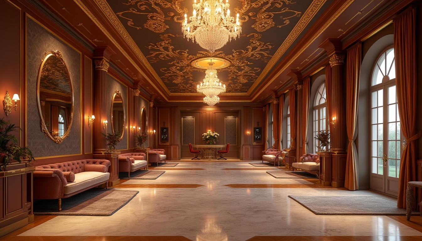 Prompt: Luxurious fitness studio, ornate mirrors, golden accents, velvet drapes, crystal chandeliers, intricate moldings, grandiose ceilings, marble floors, plush carpets, rich wood tones, elegant furnishings, dramatic lighting, warm color palette, soft shadows, 1/2 composition, shallow depth of field, realistic reflections, ambient occlusion.