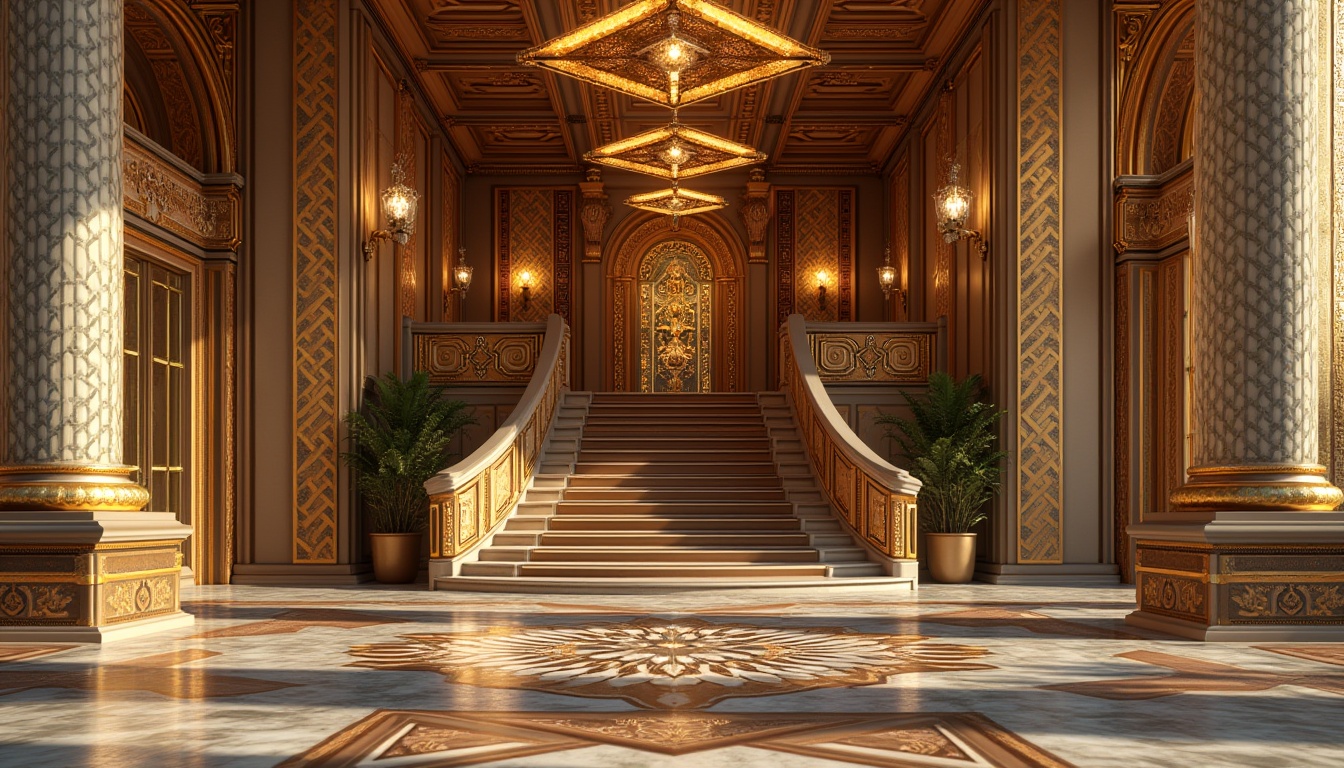 Prompt: Luxurious mansion, ornate facade, geometric patterns, metallic accents, sunburst motifs, chevron designs, zigzag lines, Egyptian-inspired hieroglyphics, lavish ornaments, crystal chandeliers, polished marble floors, grand staircases, opulent furnishings, bold color schemes, high-gloss finishes, metallic leafing, intricate moldings, ornate door handles, glamorous lighting fixtures, cinematic close-ups, low-angle shots, warm golden lighting, dramatic shadows, 1/2 composition, symmetrical framing.