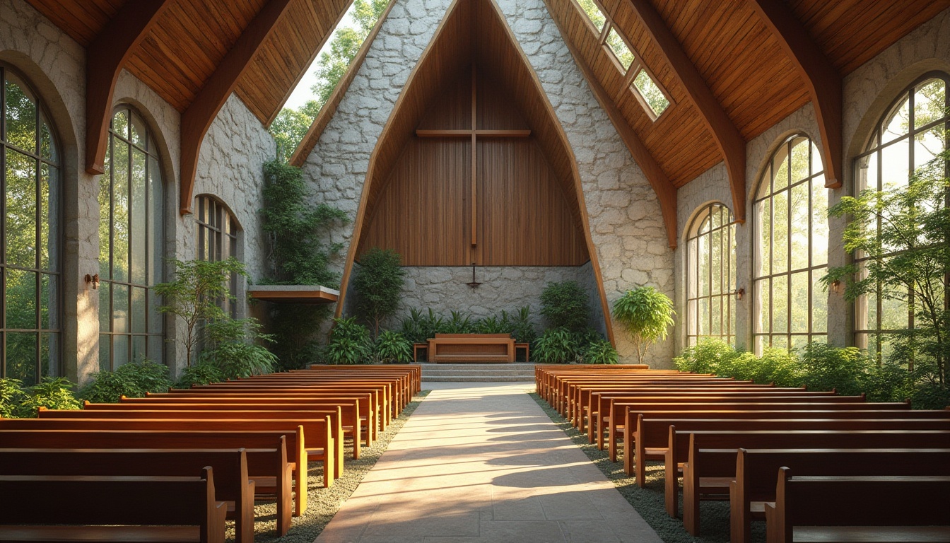 Prompt: Rustic church facade, reclaimed wood accents, living green roofs, solar panels, rainwater harvesting systems, natural stone walls, stained glass windows, minimalist interior design, recycled metal beams, low-VOC paints, eco-friendly flooring, bamboo pews, energy-efficient lighting, cross-shaped architecture, serene ambiance, soft warm lighting, shallow depth of field, 3/4 composition, panoramic view, realistic textures, ambient occlusion.