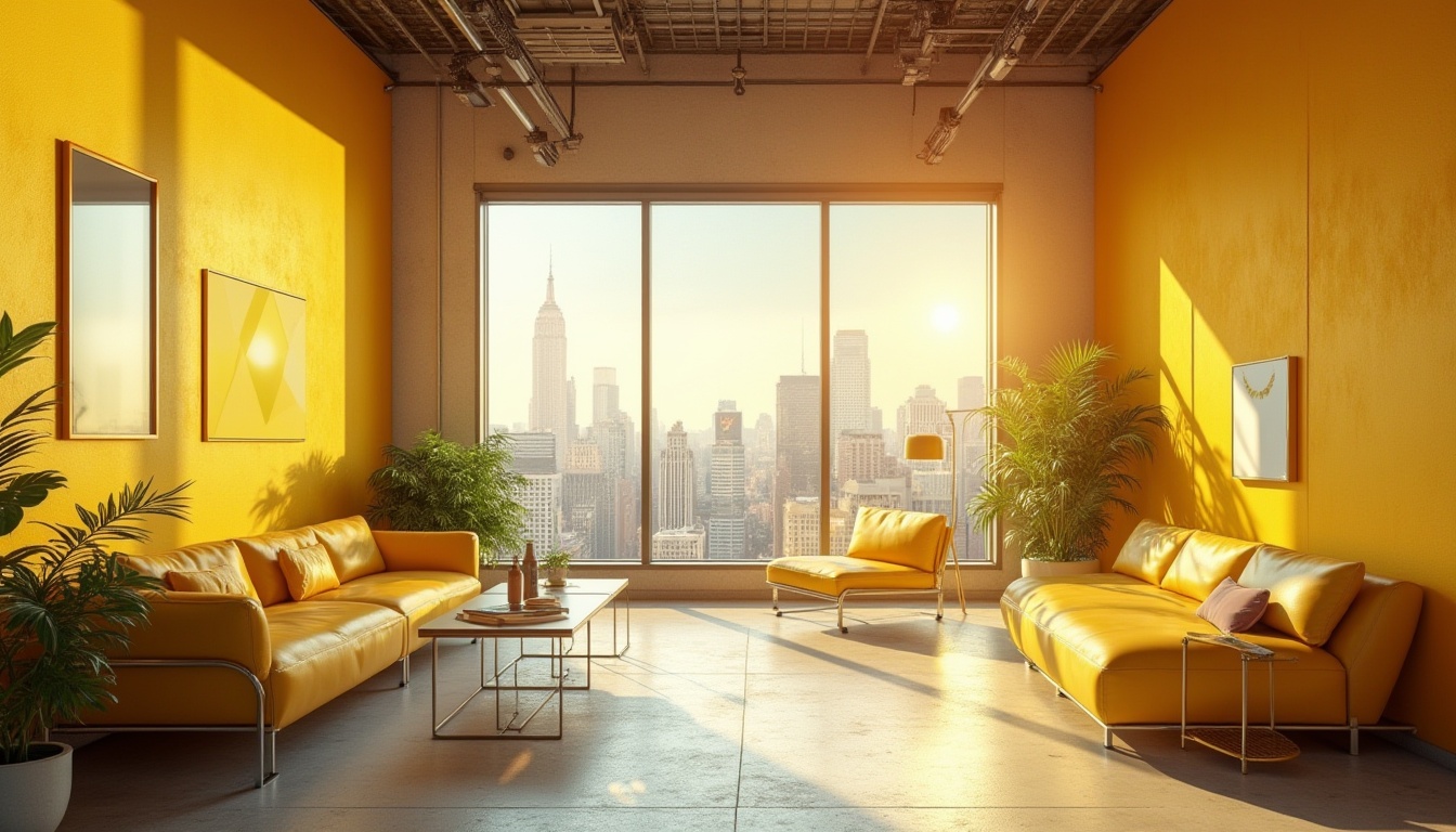 Prompt: Vibrant yellow accents, modern minimalist interior, sleek metal furniture, bright sunshine streaming through large windows, urban cityscape views, concrete floors, industrial chic decor, bold typography, geometric patterns, warm golden lighting, shallow depth of field, 1/1 composition, realistic textures, ambient occlusion.