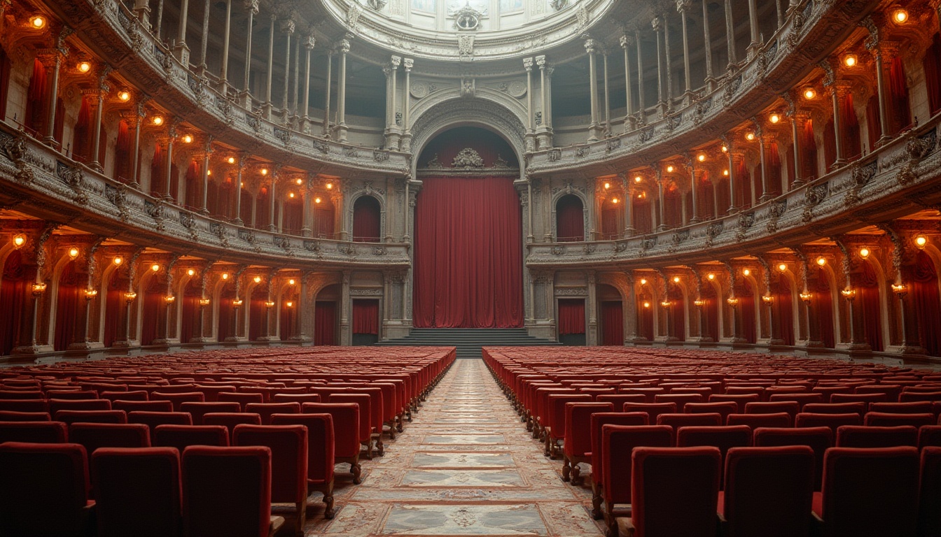 Prompt: Grandiose amphitheater, Romanesque architecture, intricately carved stone columns, ornate facades, tiered seating arrangement, curved rows of chairs, richly upholstered benches, lavish velvet curtains, gilded ornaments, majestic archways, soft warm lighting, dramatic spotlights, 3/4 composition, atmospheric fog effects, realistic stone textures, ambient occlusion.