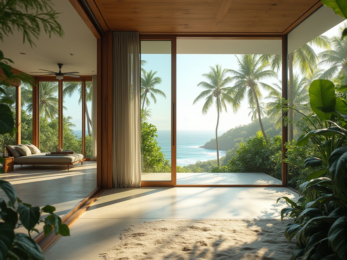 Prompt: \Tropical island setting, lush greenery, palm trees, ocean breeze, large windows, sliding glass doors, natural ventilation systems, wind catchers, clerestory windows, high ceilings, open floor plans, minimalist interior design, light-colored walls, polished concrete floors, wooden accents, eco-friendly materials, sustainable architecture, passive cooling systems, shading devices, overhangs, green roofs, solar panels, energy-efficient appliances, modern tropical architecture, warm sunny day, soft natural lighting, shallow depth of field, 3/4 composition, panoramic view, realistic textures, ambient occlusion.\