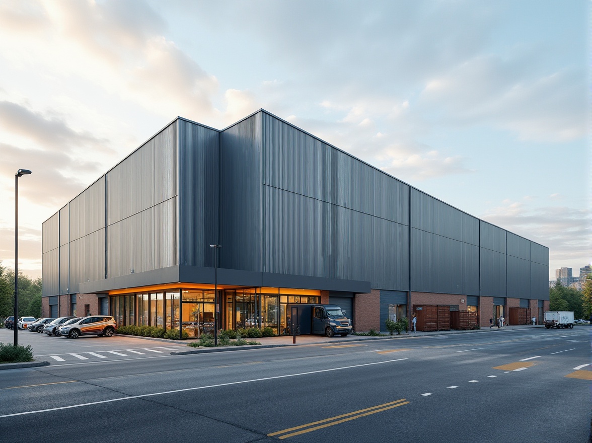 Prompt: Regional distribution center, industrial facade, modern architecture, corrugated metal panels, bold color schemes, angular lines, minimalist design, functional layout, loading docks, cargo containers, urban landscape, busy streets, cloudy sky, soft natural lighting, shallow depth of field, 1/2 composition, realistic textures, ambient occlusion, detailed brick patterns, steel frame structures, aluminum windows, transparent glass roofs, eco-friendly materials, innovative ventilation systems.