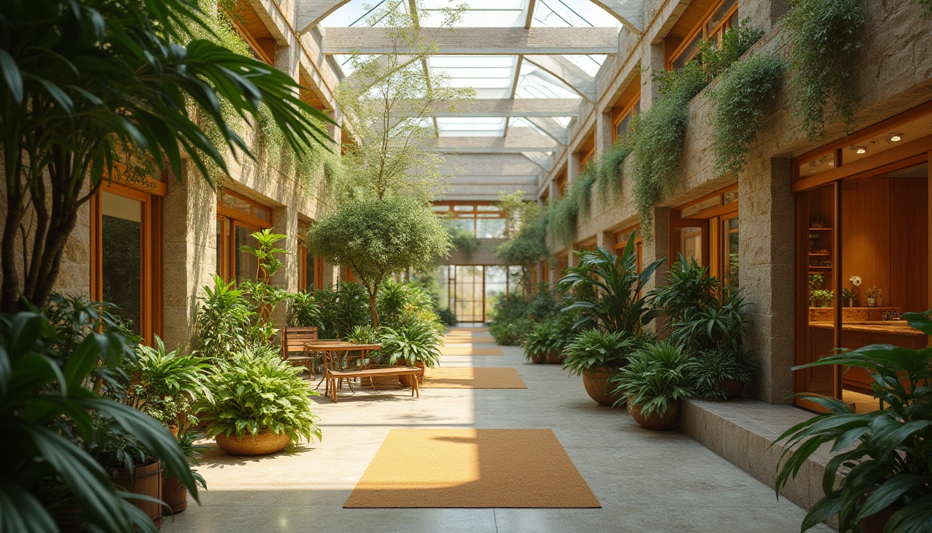 Prompt: \Vibrant atrium, lush greenery, natural stone walls, clerestory windows, skylights, solar tubes, LED lighting, warm ambient glow, soft diffused light, energy-efficient solutions, sustainable materials, minimal shading devices, bright airy atmosphere, modern interior design, minimalist decor, eco-friendly furniture, organic textiles, earthy color palette, serene ambiance, warm sunny day, shallow depth of field, 1/1 composition, realistic textures.\