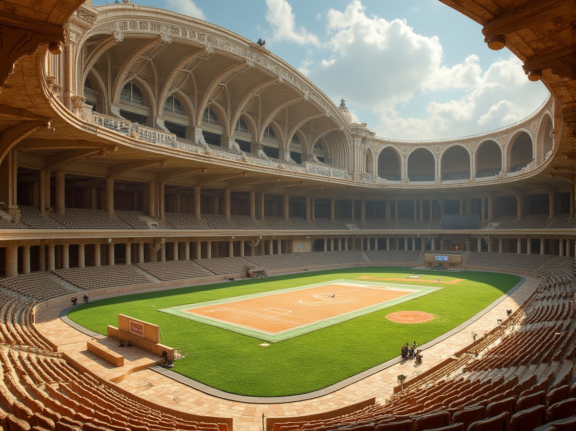 Prompt: Ancient Roman-inspired sports stadium, grandiose arches, ornate columns, rusticated stone walls, majestic entrance gates, curved lines, ornamental metalwork, vibrant green turf, athletic tracks, jumping pits, throwing circles, scoring boards, spectator seating, natural stone flooring, intricate mosaics, warm earthy tones, soft golden lighting, shallow depth of field, 3/4 composition, panoramic view, realistic textures, ambient occlusion.